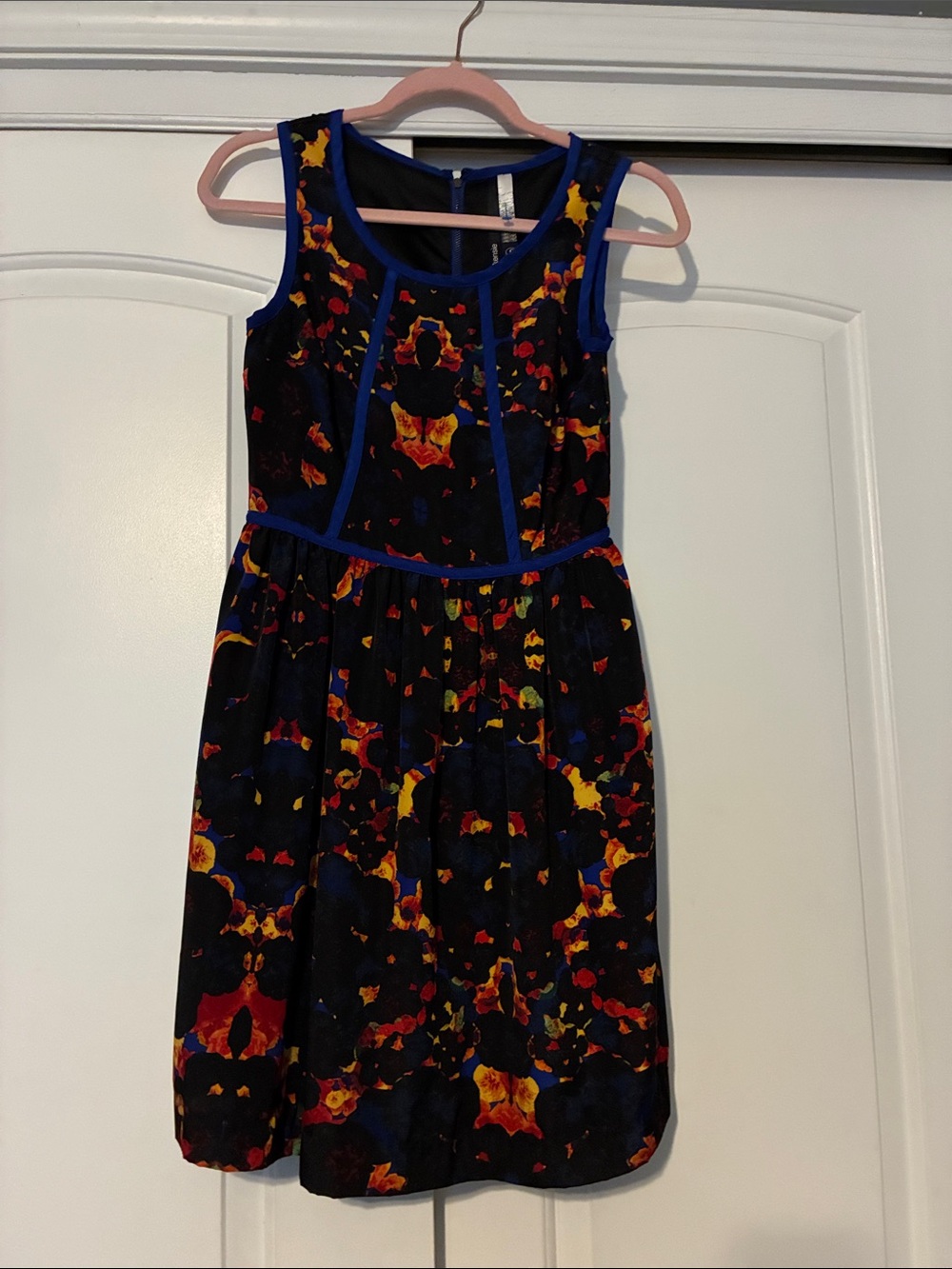 Kensie Black Floral Midi Dress with Blue Trim